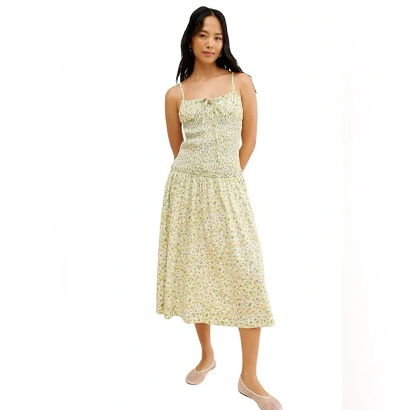 knee length dresses for ladies Free People Women's Calder Smocked Midi Dress - Blue